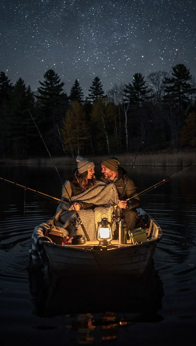 A group of friends enjoying a fishing trip, laughing and sharing stories by the water.