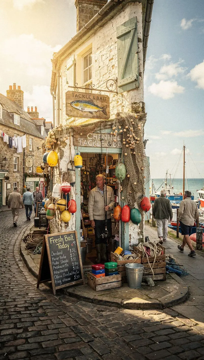 Seasonal fishing gear and bait on sale, with signs highlighting the latest updates.