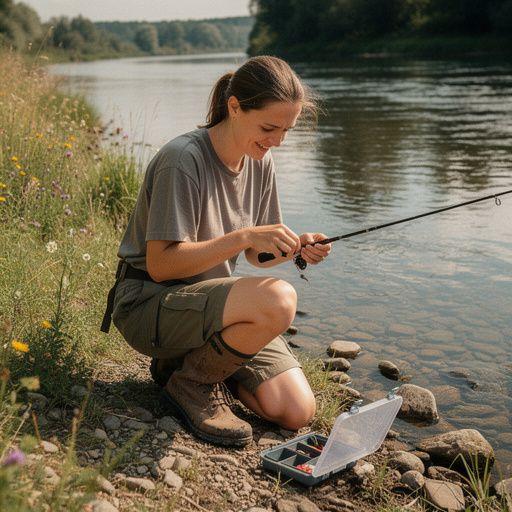 A close-up of an assortment of fishing tackle, including hooks, lures, and bobbers, neatly arranged on a wooden table.